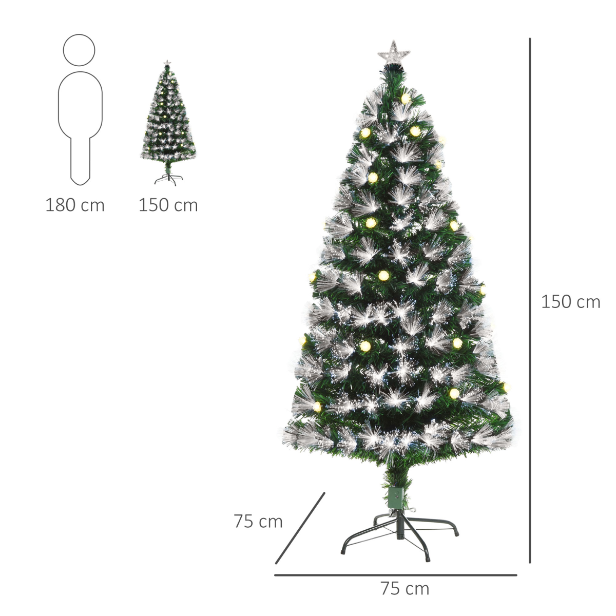 HOMCOM 5ft White Light Christmas Tree with 180 Lights, Star Topper and Tri-Base – Pre-Lit Home Decoration