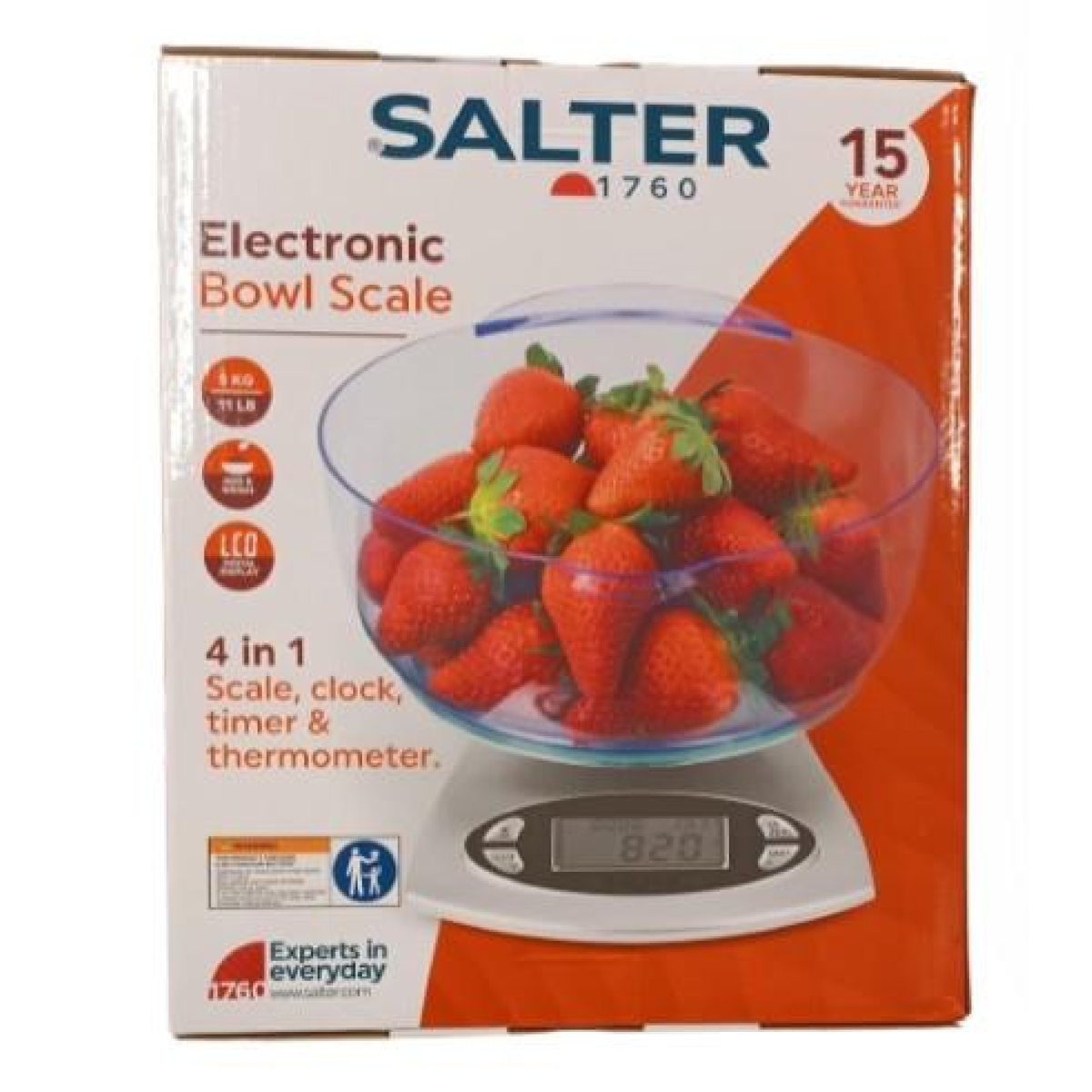 Salter 4-in-1 Digital Kitchen Scale with 1.8L Detachable Bowl – 5kg Capacity, Timer, Clock & Thermometer