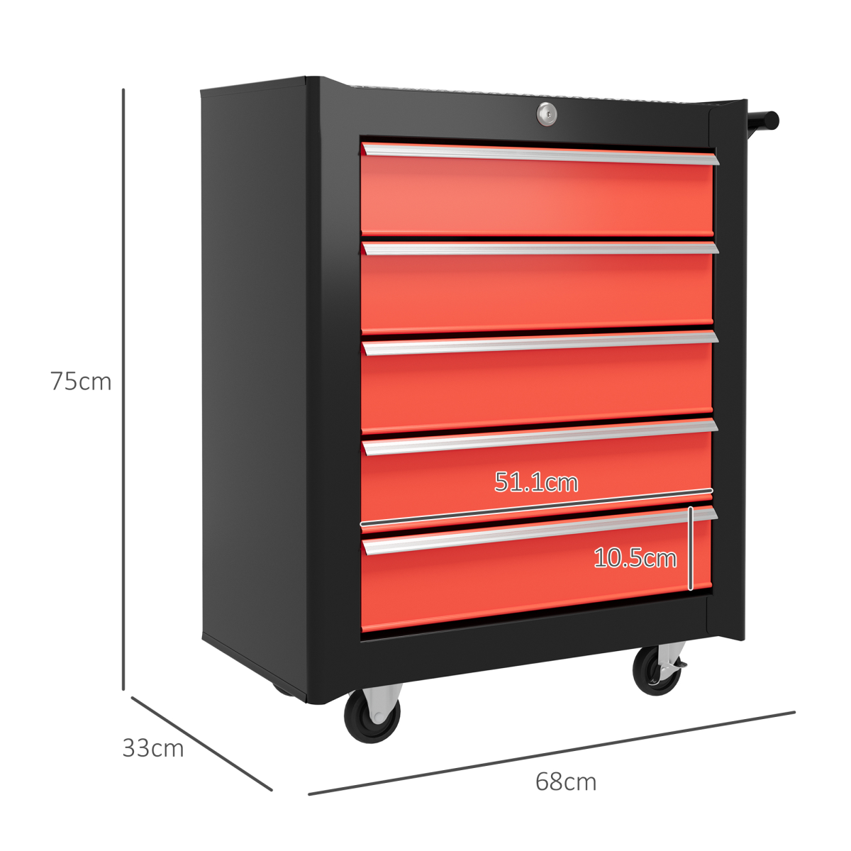 HOMCOM 5-Drawer Lockable Steel Tool Chest on Wheels – Garage & Workshop Tool Storage, Red