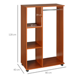 HOMCOM Open Wardrobe with Hanging Rail, 3 Cubbies and Wheels – Mobile Bedroom Storage, Walnut