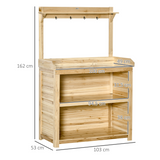 Outsunny Garden Potting Bench Table with Galvanised Metal Top, Storage Shelves & Hooks – Fir Wood Workstation