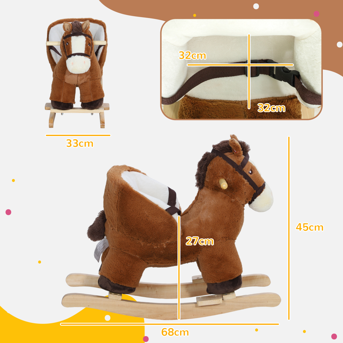 AIYAPLAY Kids Rocking Horse with Neighing Sounds, Safety Belt and Footrest – Toddler Ride On, Brown
