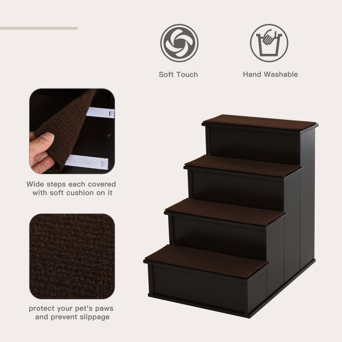 Four-Step Pet Stairs with Plush Cushioned Steps – Pet Steps for Beds & Sofas, Elderly or Mobility-Limited Pets, Brown