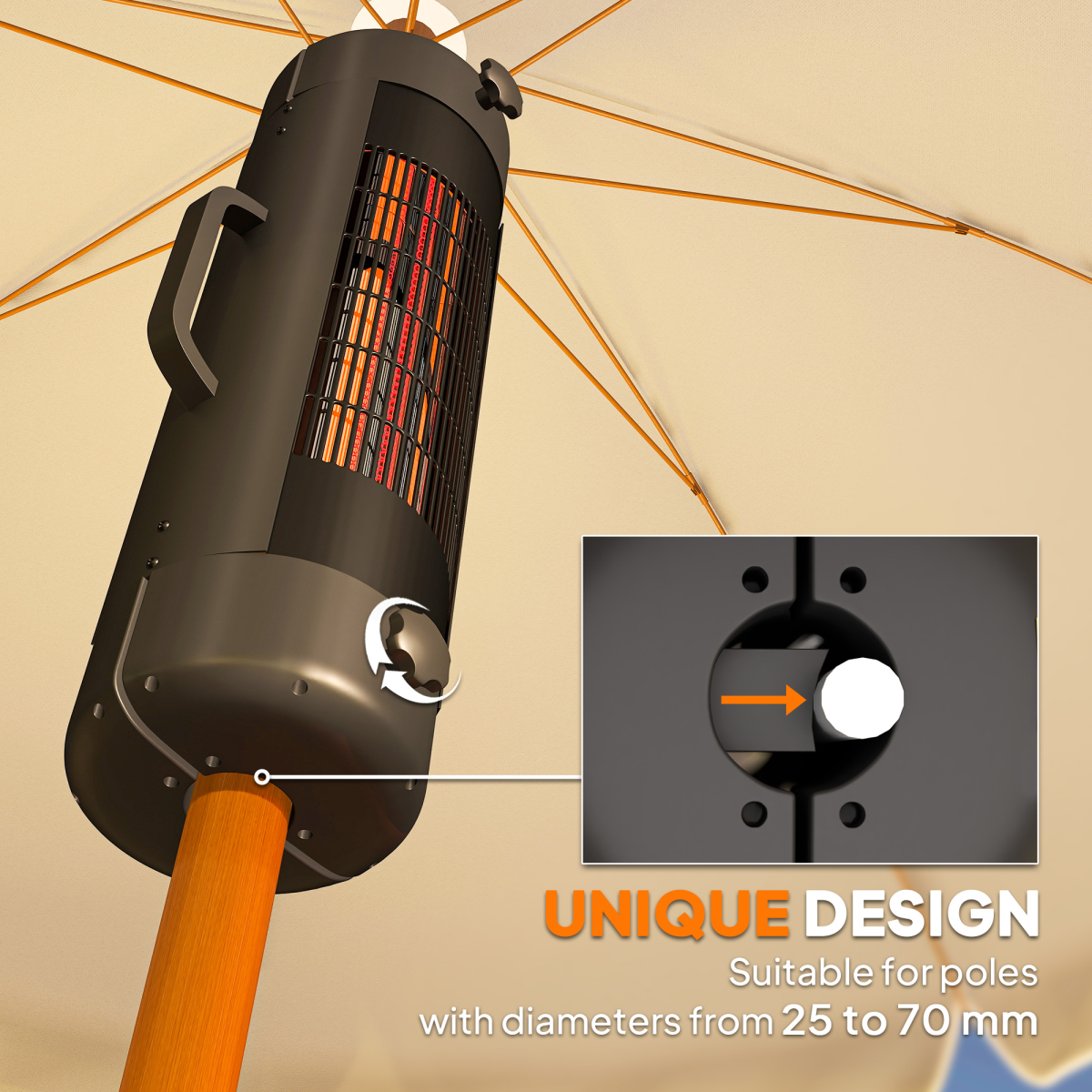 Outsunny Electric Parasol-Mounted Patio Heater, 2 Heat Settings up to 2000 W – IP44 Outdoor Heater, Black