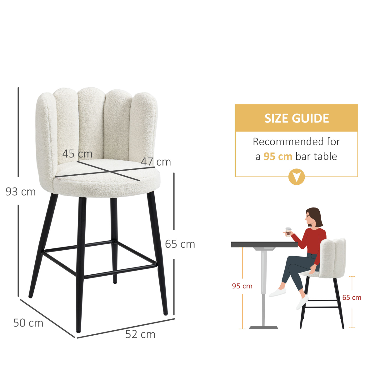 HOMCOM Faux Cashmere Breakfast Bar Stools with Backs & Footrests – Set of 2, Cream