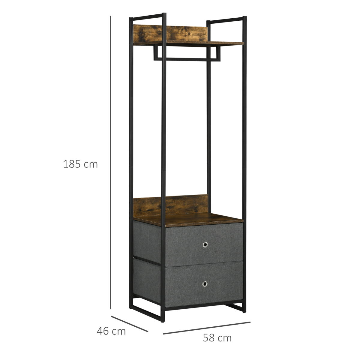 Industrial Clothes Rail with 2 Fabric Drawers & Top Shelf – Open Wardrobe Storage, Rustic Brown
