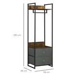 Industrial Clothes Rail with 2 Fabric Drawers & Top Shelf – Open Wardrobe Storage, Rustic Brown
