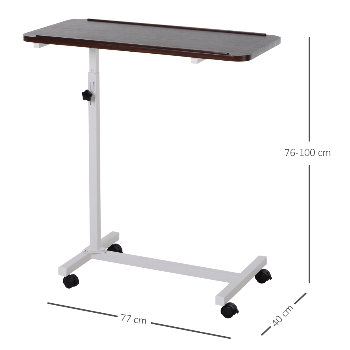 HOMCOM Height-Adjustable Overbed Table with Rolling Casters and Brakes – Sofa Side Table, White and Brown