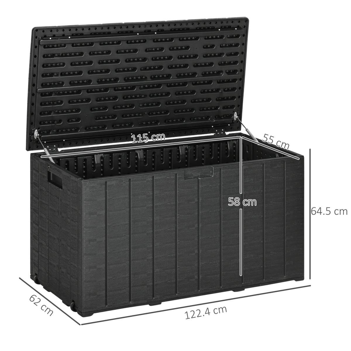 Outsunny 366 Litre Rolling Outdoor Garden Storage Box with Hydraulic Lid – Weather-Resistant Plastic Container, Black