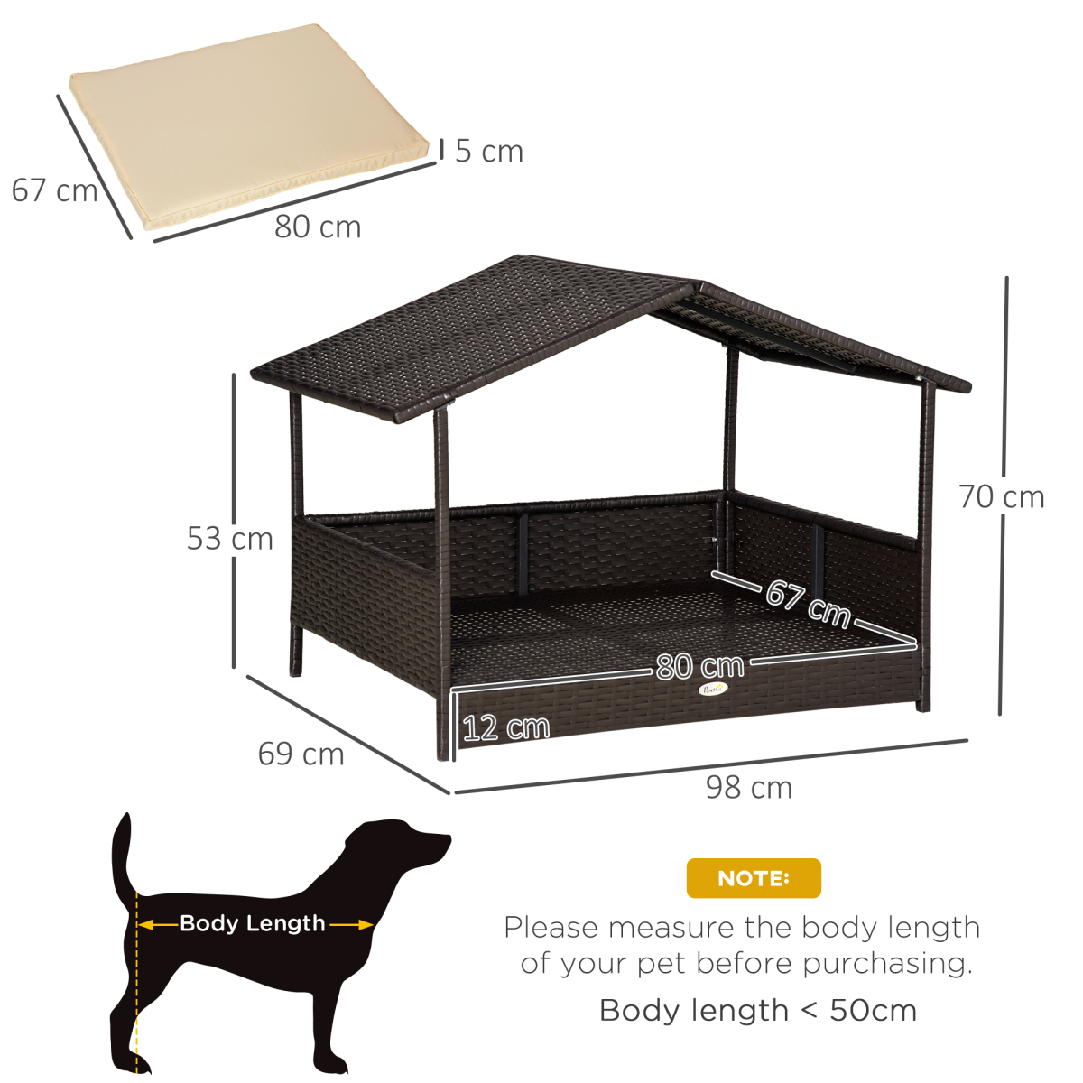 PawHut Wicker Dog House with Soft Cushion – Raised Rattan Pet Bed & Cat Basket for Small and Medium Dogs, Cream