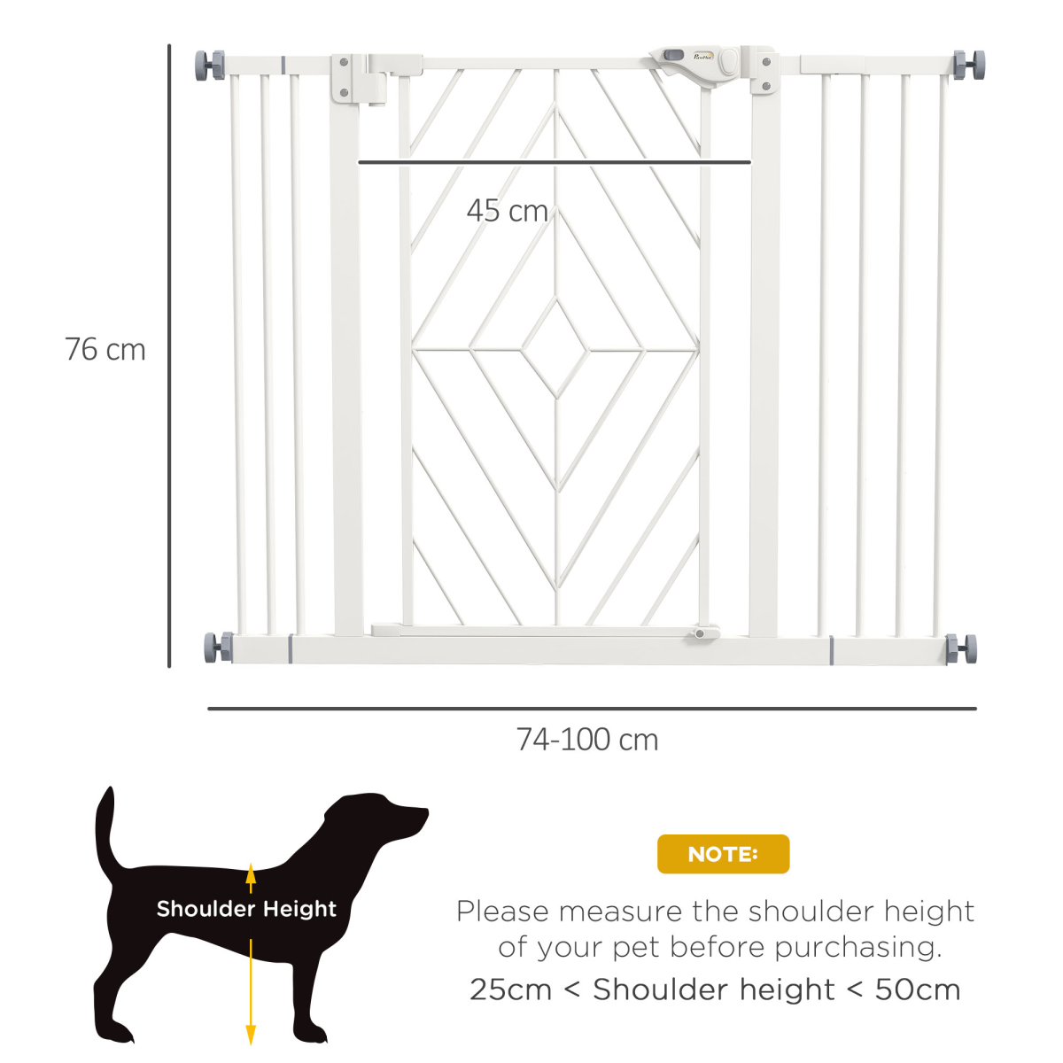 PawHut Pressure Fit Pet Safety Gate with Auto-Close Door & Double Lock, 74–100cm – Steel Dog Stair Gate, White
