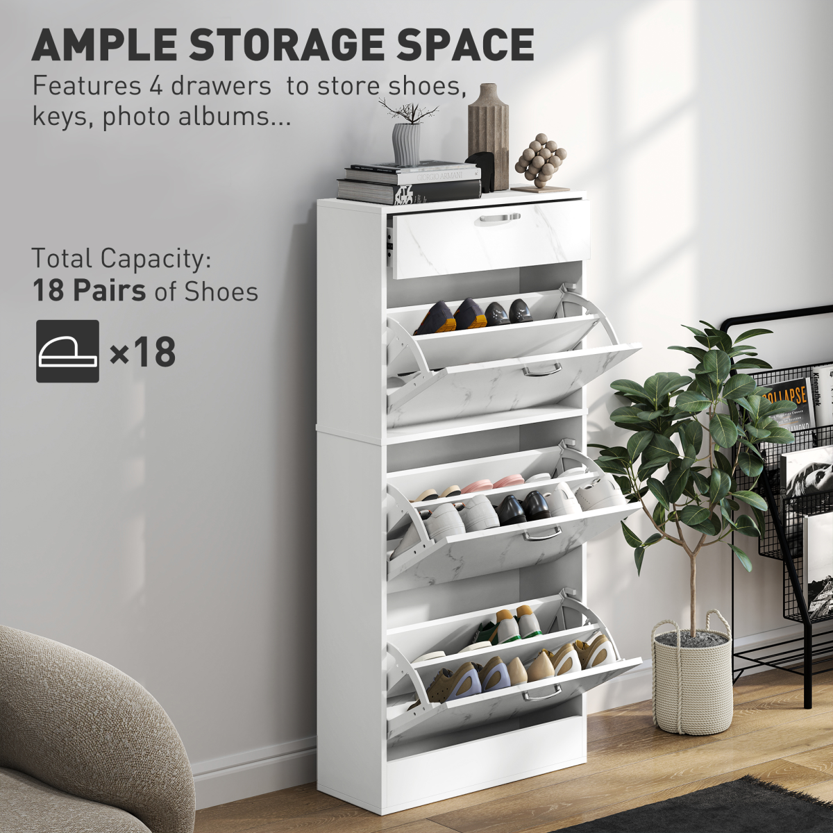 HOMCOM Shoe Cabinet with 4 Drawers for 18 Pairs, Adjustable Shelf & Anti-Tipping Straps – Black