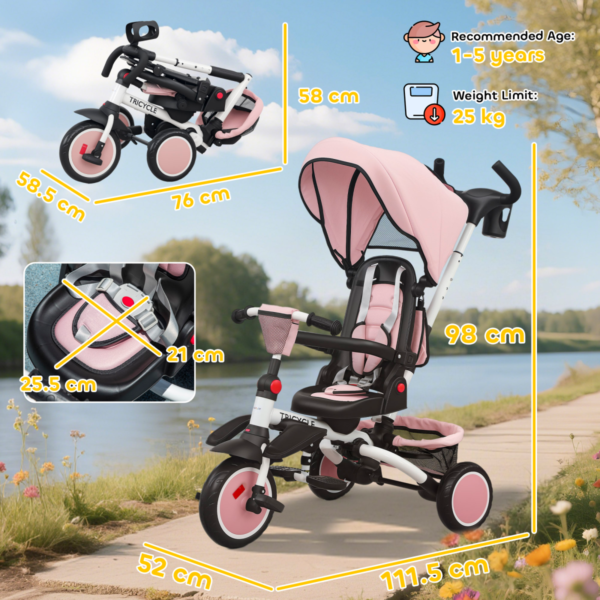 6-in-1 Kids Trike with Adjustable Backrest & Rotating Seat – Foldable Push Tricycle, 12-60 Months, Pink