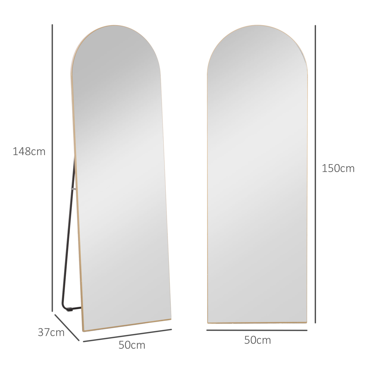 HOMCOM Full Length Curved Floor Mirror 150 x 50cm with Shatter-Proof Film – Wall Mount or Freestanding, Gold