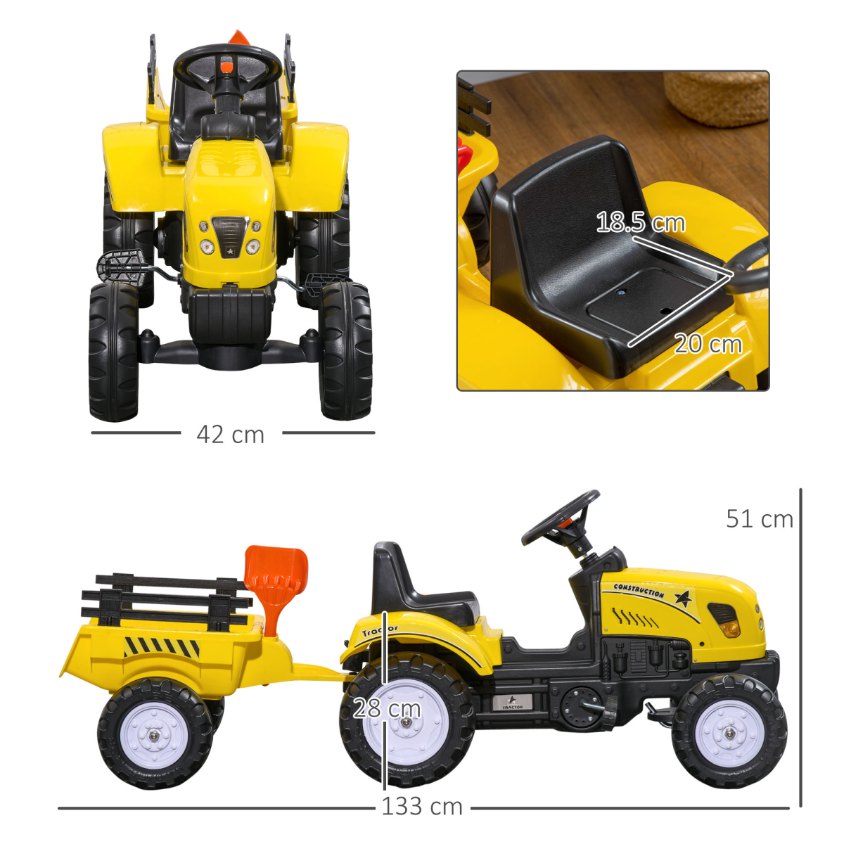 HOMCOM Kids Pedal Go Kart Ride-On Tractor with Trailer, Shovel & Rake – Four-Wheel Toy, Yellow and Black