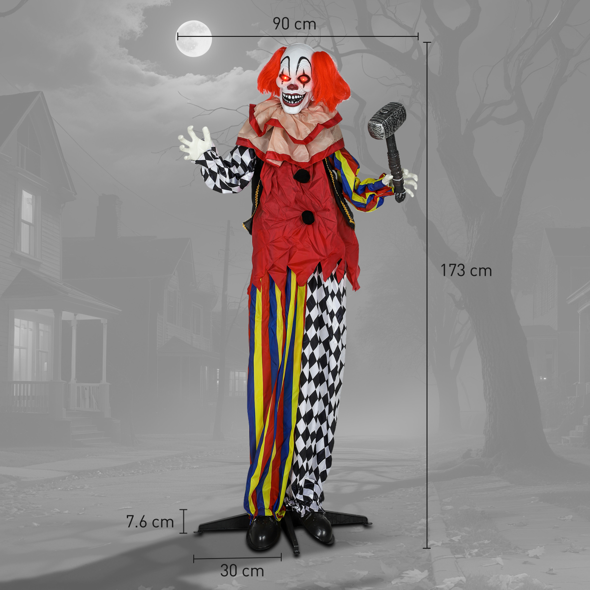 Outsunny Sound Activated Halloween Animatronic Clown – 173 cm Life-Size with Red Light-Up Eyes, Multi-Coloured
