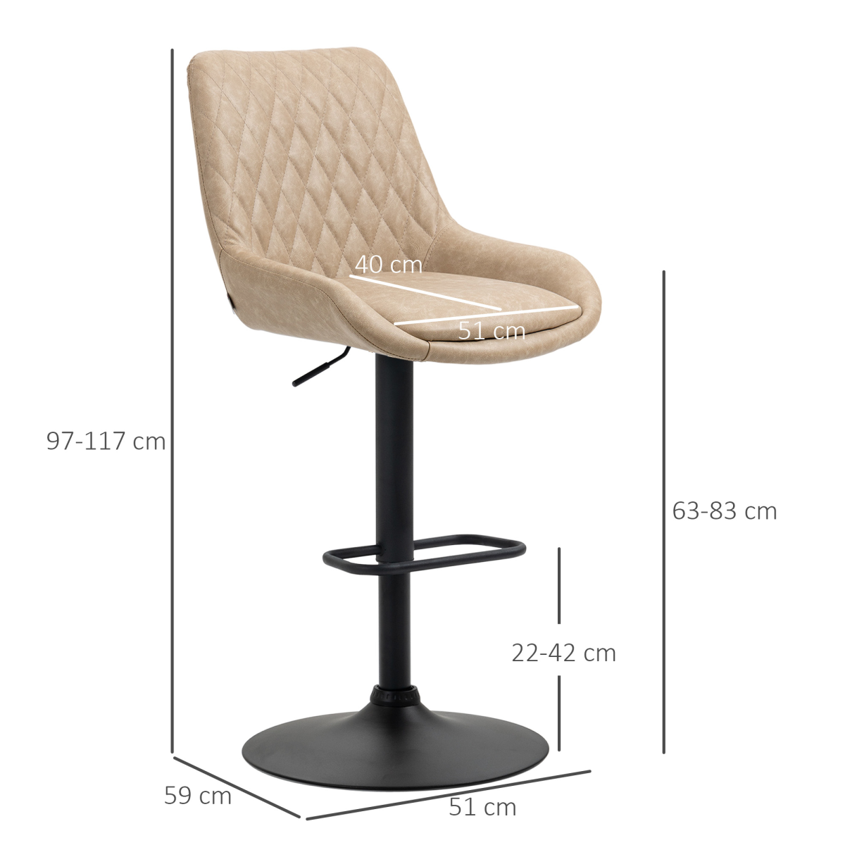 HOMCOM Adjustable 360° Swivel Bar Stools, Set of 2 with Padded Seat & Footrest – Kitchen Breakfast Bar Seating, Khaki