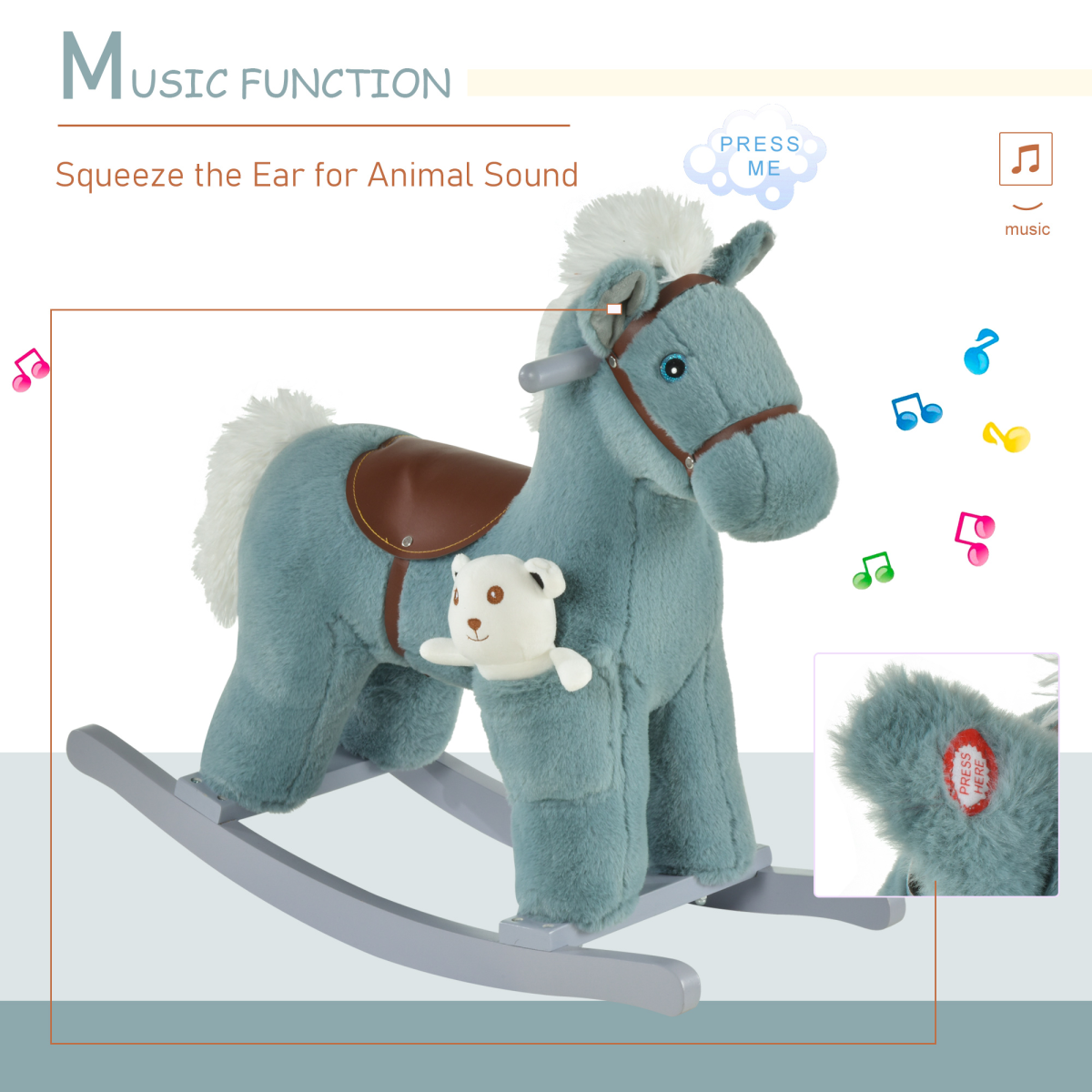 Kids Plush Rocking Horse with Animal Sounds and Free Bear Toy, Wooden Base – Blue, 3 Years+
