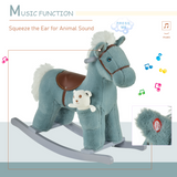 Kids Plush Rocking Horse with Animal Sounds and Free Bear Toy, Wooden Base – Blue, 3 Years+