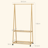 HOMCOM Bamboo Clothes Rail Rack with 2 Storage Shelves and Wheels – Compact Wardrobe, Natural Wood Effect