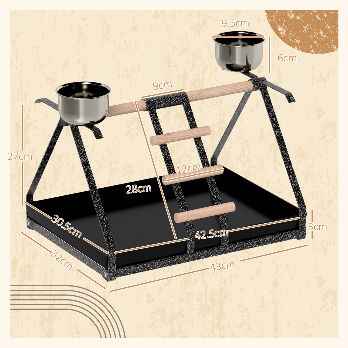 Pawhut Portable Bird Stand with Wooden Perch, Ladder & 2 Stainless Steel Bowls – Steel Base