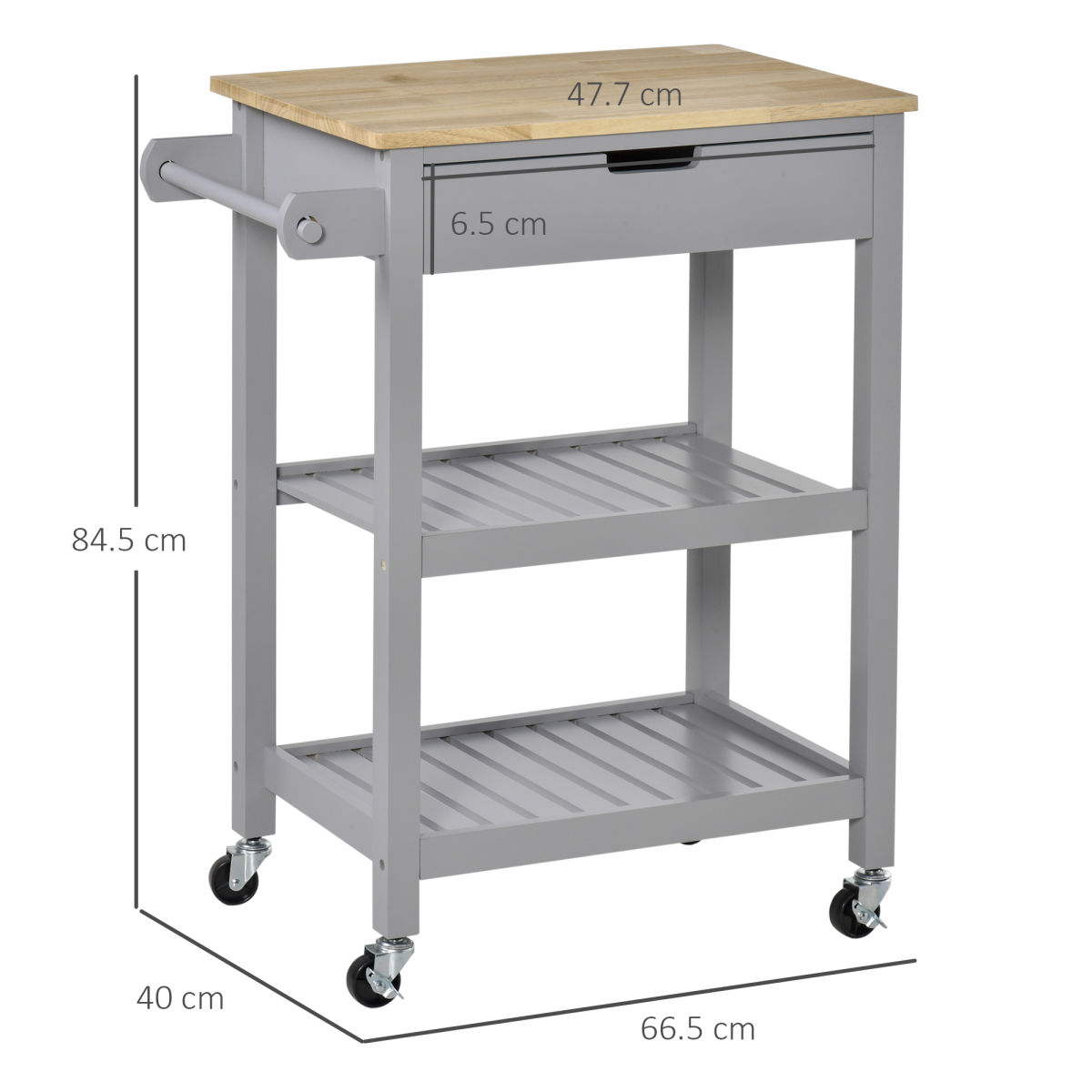 HOMCOM Kitchen Trolley Utility Cart with Solid Rubberwood Worktop, Drawer & Towel Rack