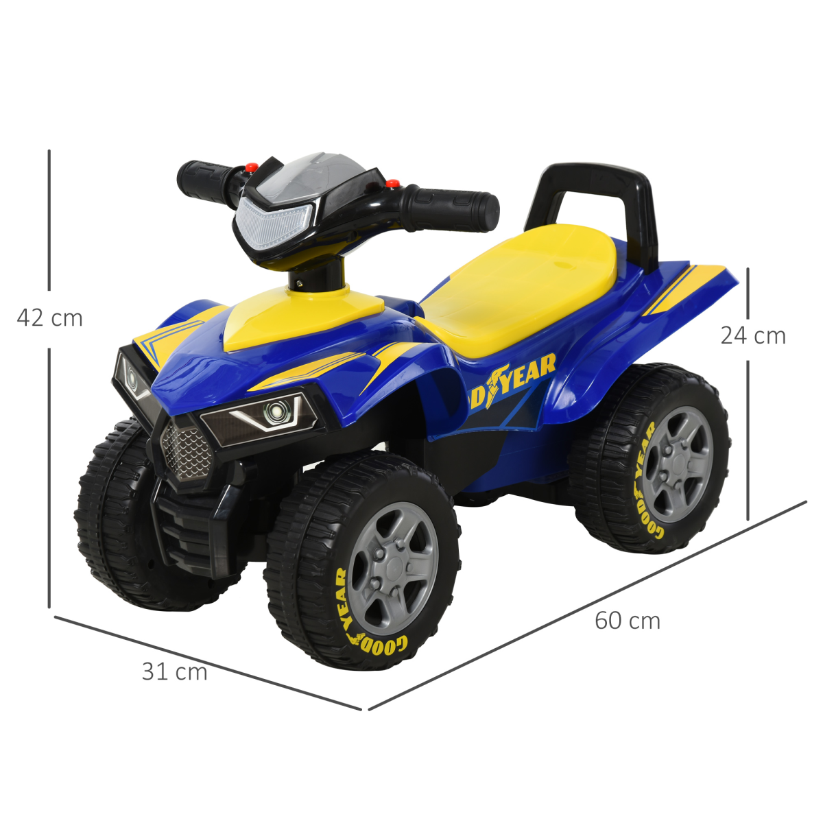 HOMCOM Goodyear Baby Quad Ride-On Walker with Lights, Horn & Storage – Sliding Toy for 18-36 Months, Blue and Yellow