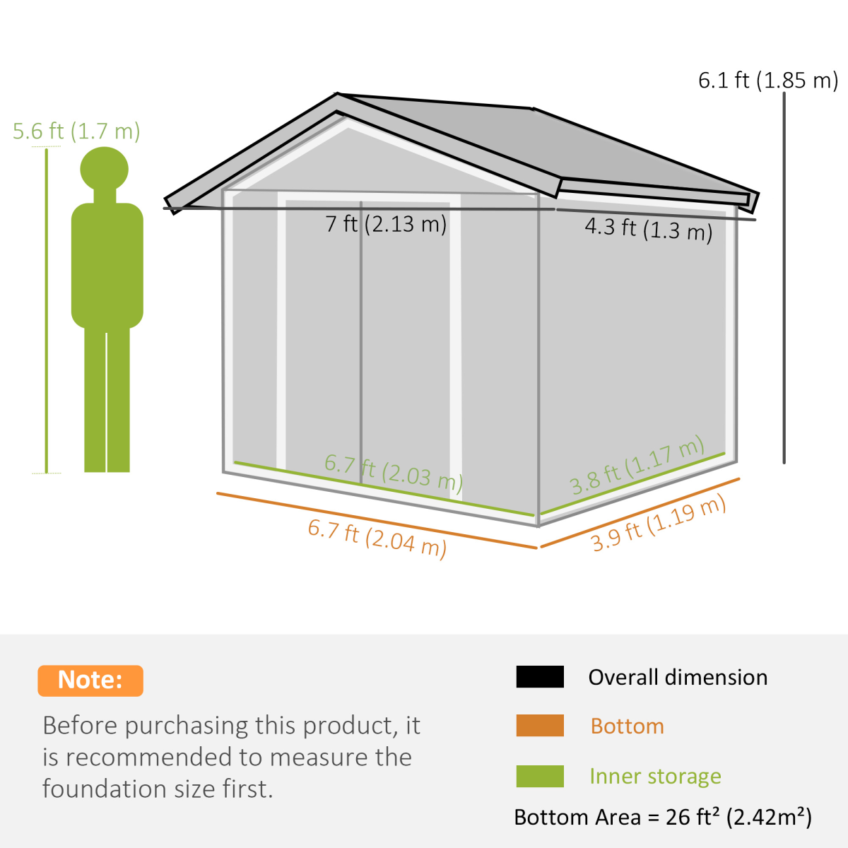 Outsunny 7 x 4ft Lockable Galvanised Steel Garden Shed with Sloped Roof & Foundation – Tool Storage, Grey