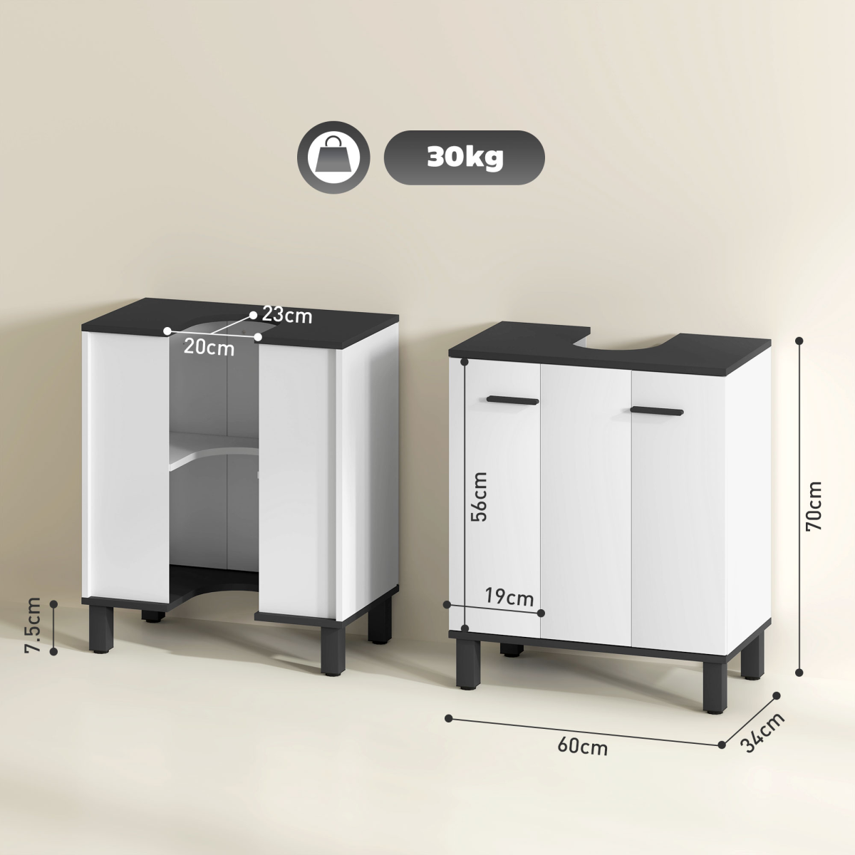 HOMCOM Bathroom Under Sink Cabinet with Adjustable Shelf and U-Shaped Cut-Out – Storage, High Gloss White