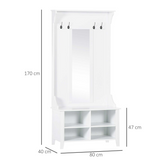 HOMCOM 3-in-1 Mirrored Shoe Cabinet with Bench, Coat Hooks and 4 Storage Cubes – White, 80cm