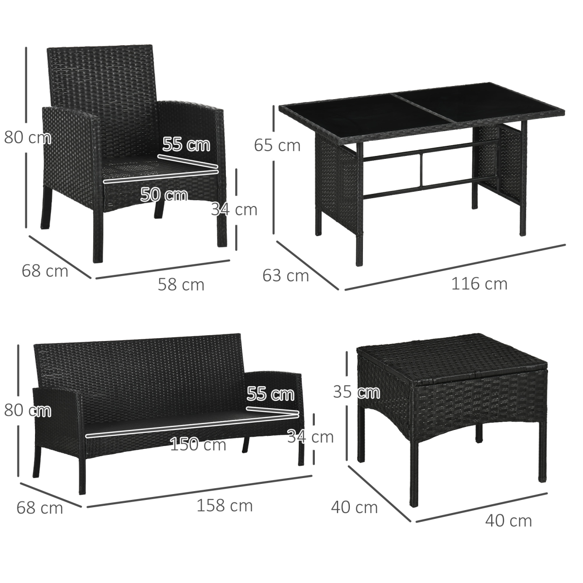 Outsunny 6-Piece Rattan Garden Sofa Set with 2 Armchairs, 2 Footstools & Glass-Top Table – Padded Cushions, White