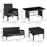 Outsunny 6-Piece Rattan Garden Sofa Set with 2 Armchairs, 2 Footstools & Glass-Top Table – Padded Cushions, White