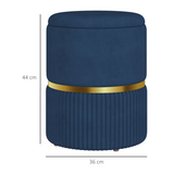 HOMCOM Round Pouffe with Fluted Design, Gold Tone Accents & Hidden Storage – Footstool, Dark Blue