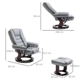 Swivel Manual Recliner & Footrest Set – 135° Recline PU Leather Lounge Chair with Wooden Base, Grey