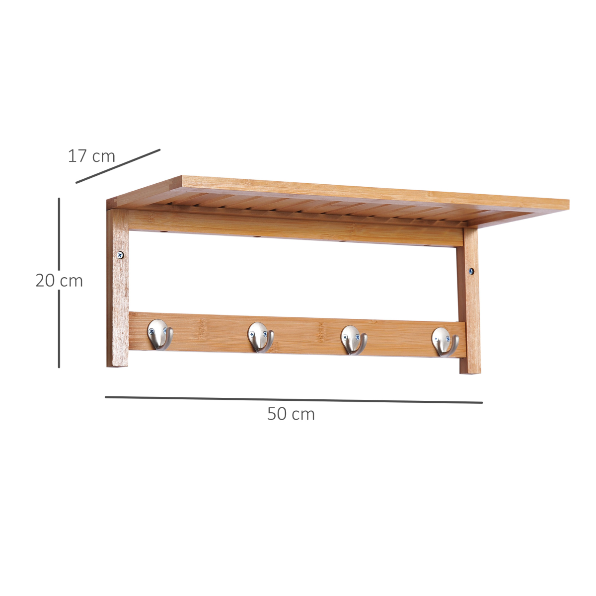 HOMCOM Wall-Mounted Clothes Rack with 4 Hooks and Top Shelf – Hallway Coat Rack, 50 x 17 x 20 cm