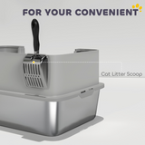 Stainless Steel Cat Litter Box with Scoop, High Sides & Snap-Lock Lid – Litter Tray with Sand Drop Zone & Mat, Grey
