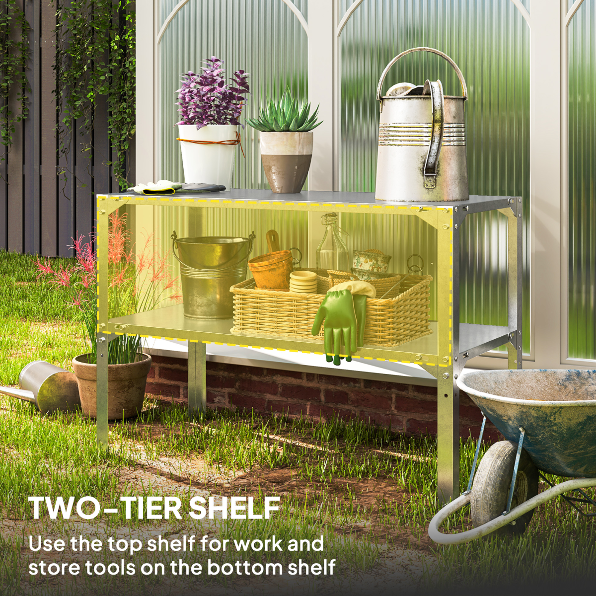 Outsunny 2-Tier Galvanised Steel Potting Bench Table – Garden Work Bench with Storage Shelf, Silver Tone
