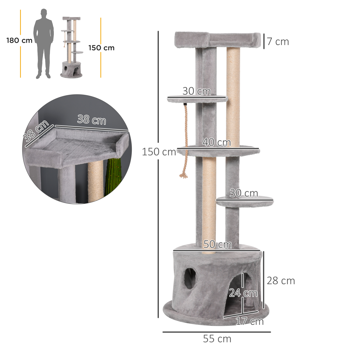 Pawhut Multi-level Cat Tree with Plush Perches, Condo and Jute Scratching Posts – Kitten Tower with Dangling Rope