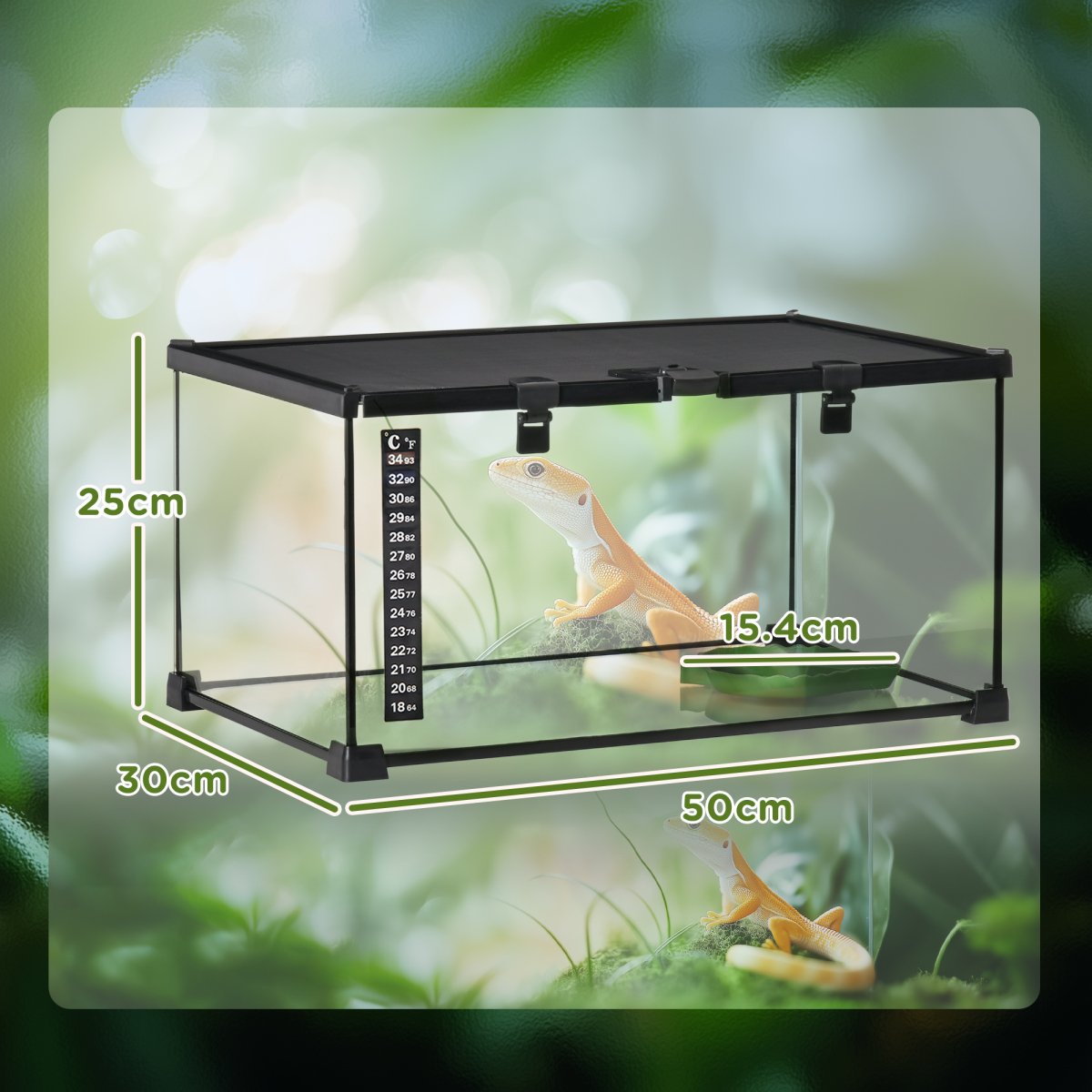 PawHut Glass Reptile Terrarium with Water Basin & Mesh Top – Habitat for Lizards, Frogs, Snakes, 50x30x25cm