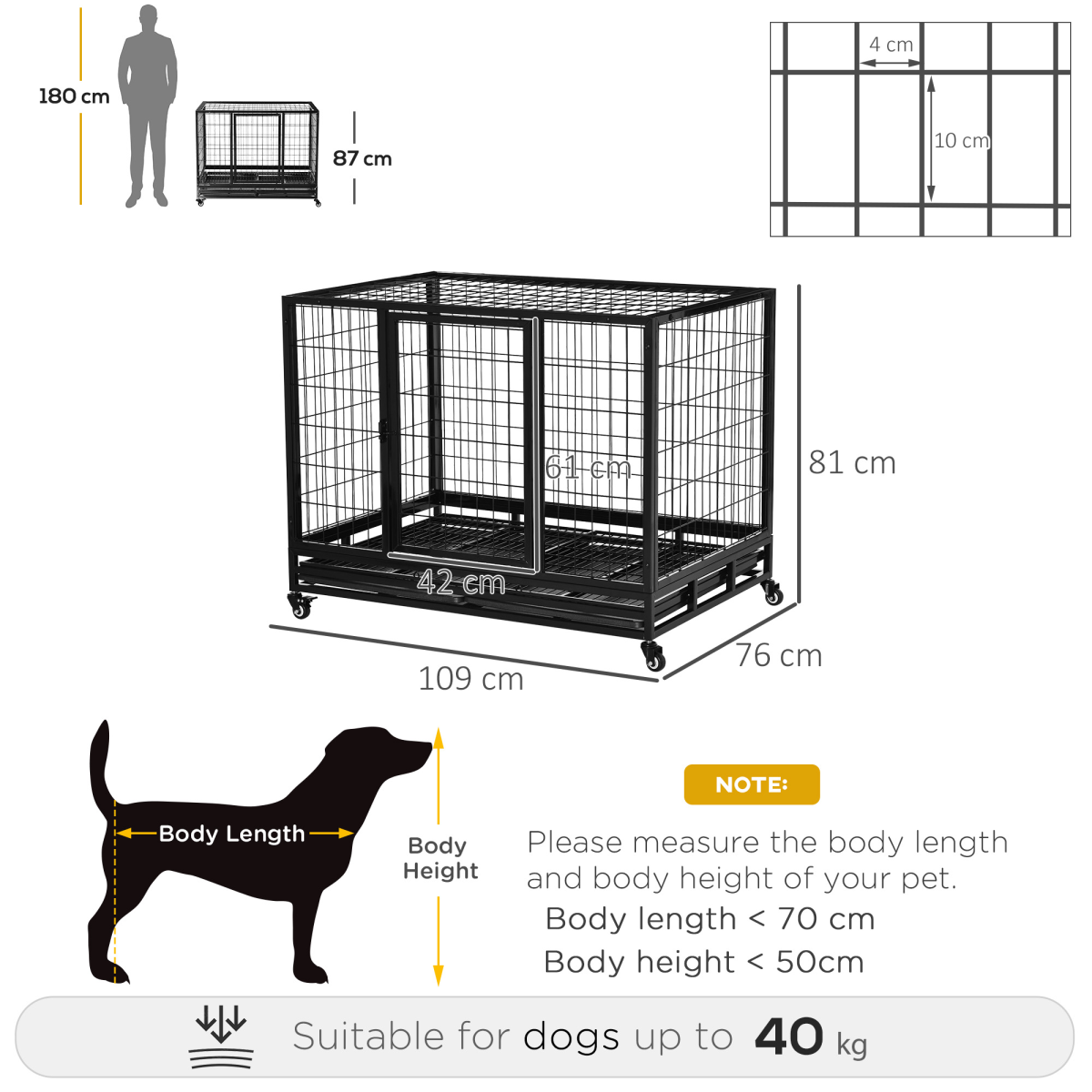 Pawhut Large Metal Dog Kennel Cage with Wheels & Crate Tray – Rust-Resistant Pet Crate, Black