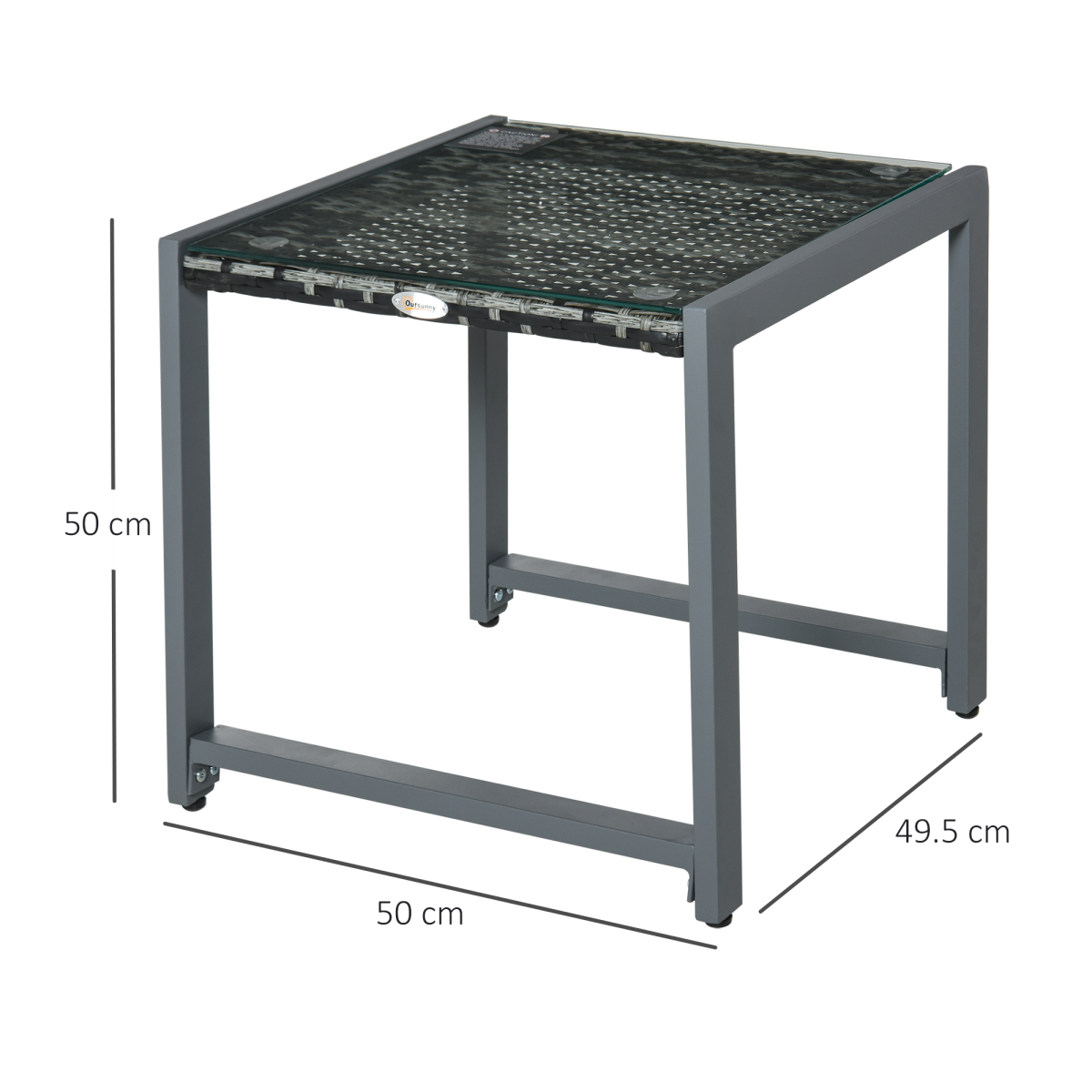 Outsunny Rattan Side Table with Tempered Glass Top & Aluminium Frame – Outdoor Patio Coffee Table, Grey