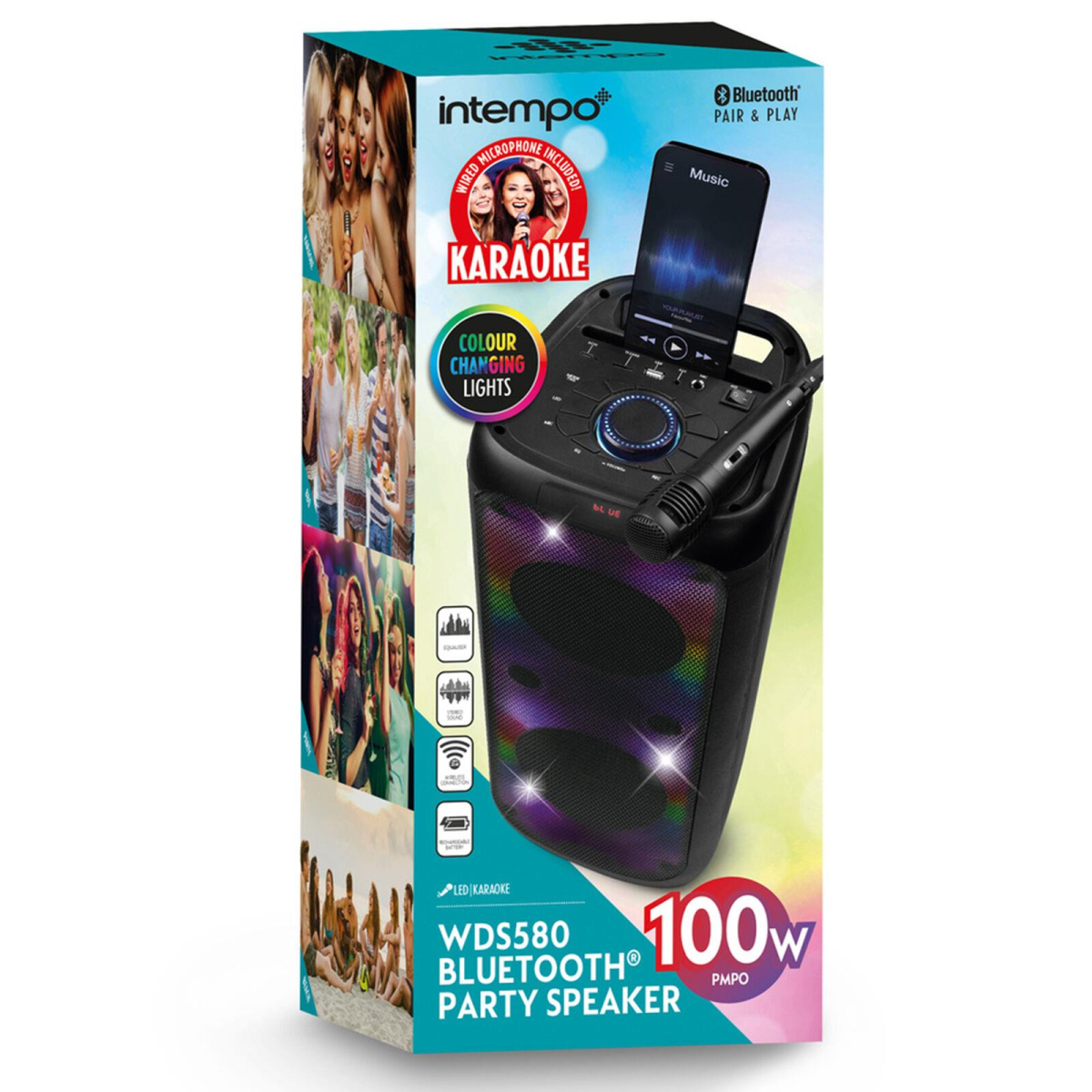 Intempo Bluetooth Karaoke Speaker WDS 580 with Wired Microphone, LED Lights & Phone Stand – 100W Party Speaker