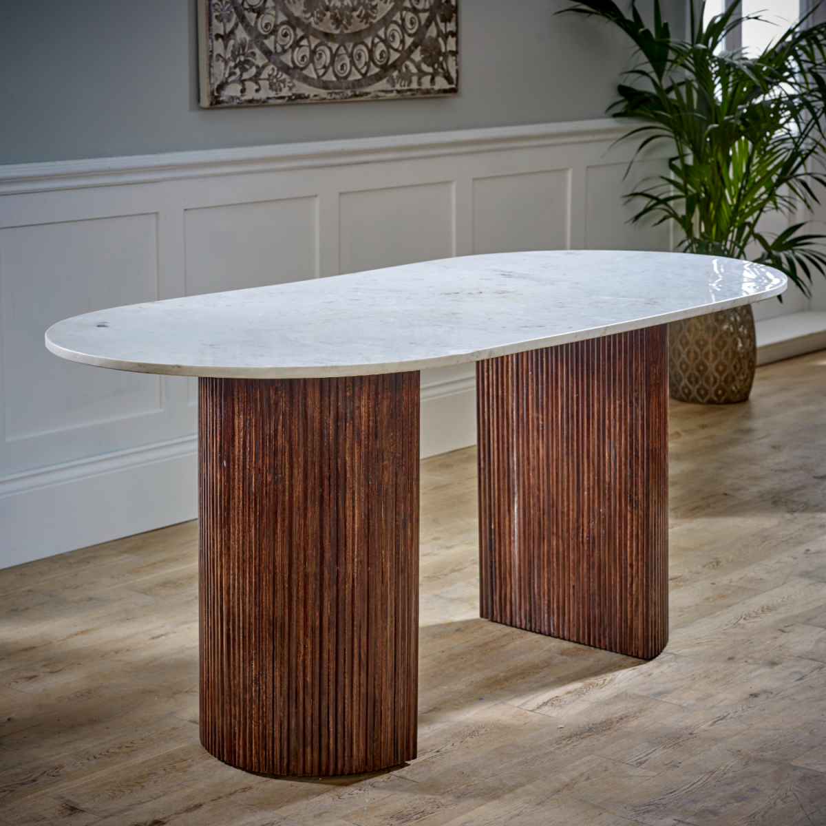 Opal 170cm Mango Wood Dining Table with White Marble Top – Handmade Family Dining Table