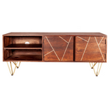 Dark Gold Plasma Media TV Unit in Solid Wood with Abstract Metal Inlay – Storage for Large Flat-Screen TVs