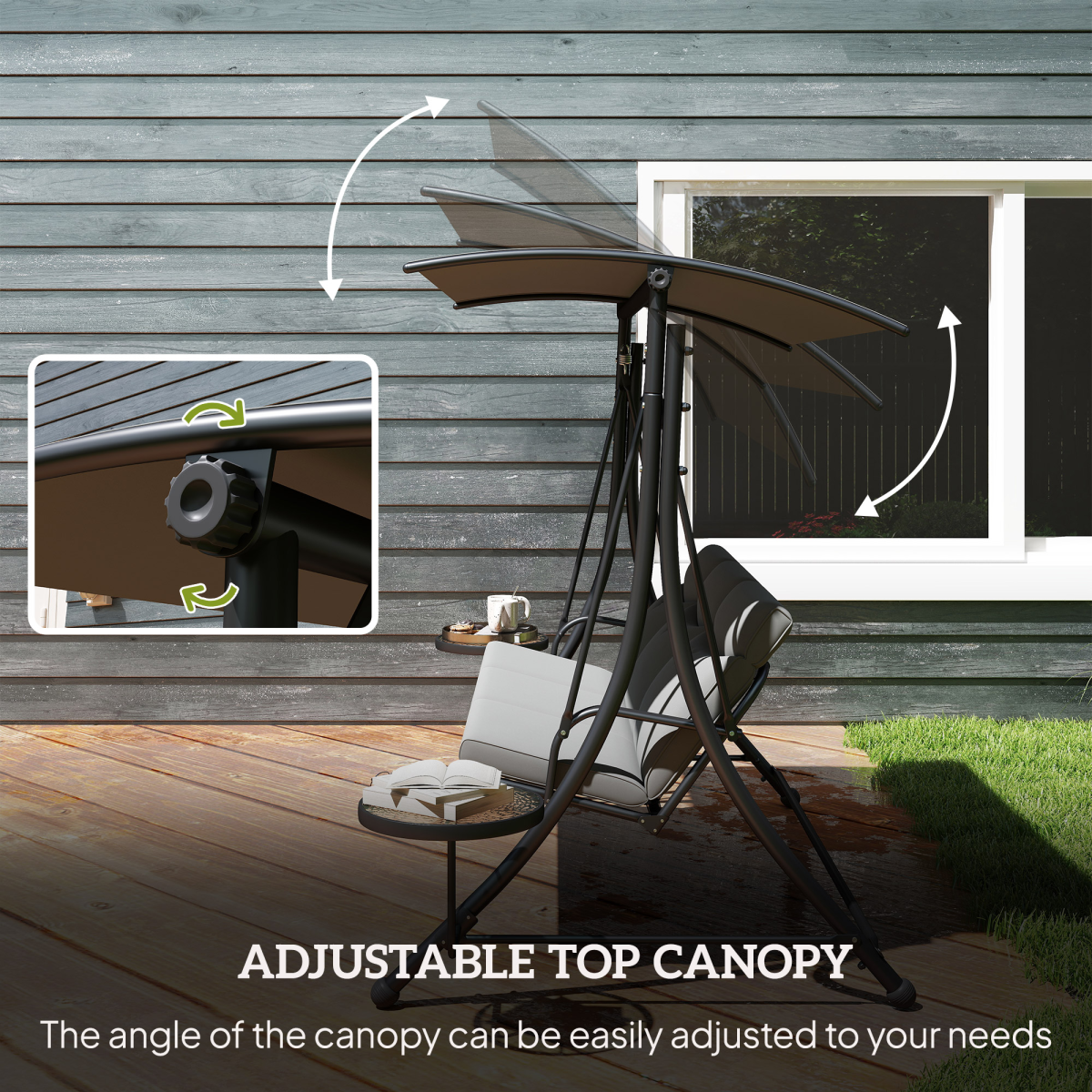 Outsunny 3-Seater Garden Swing Chair with Adjustable Canopy & Glass Coffee Tables – Steel Frame, Dark Grey
