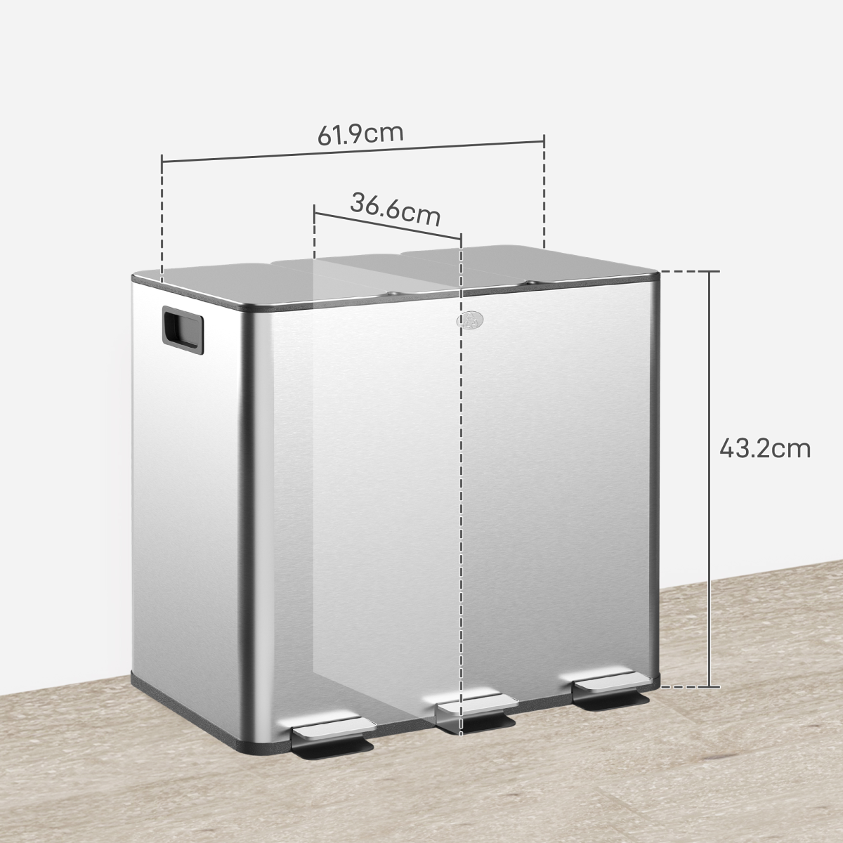 HOMCOM 3 x 15L Triple Recycling Pedal Bin with Removable Buckets – Stainless Steel Finish Kitchen Bin, Silver