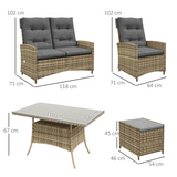Outsunny 6-Piece Rattan Dining Set with Reclining Chairs, Glass Table and Cushions – Garden Furniture, Grey