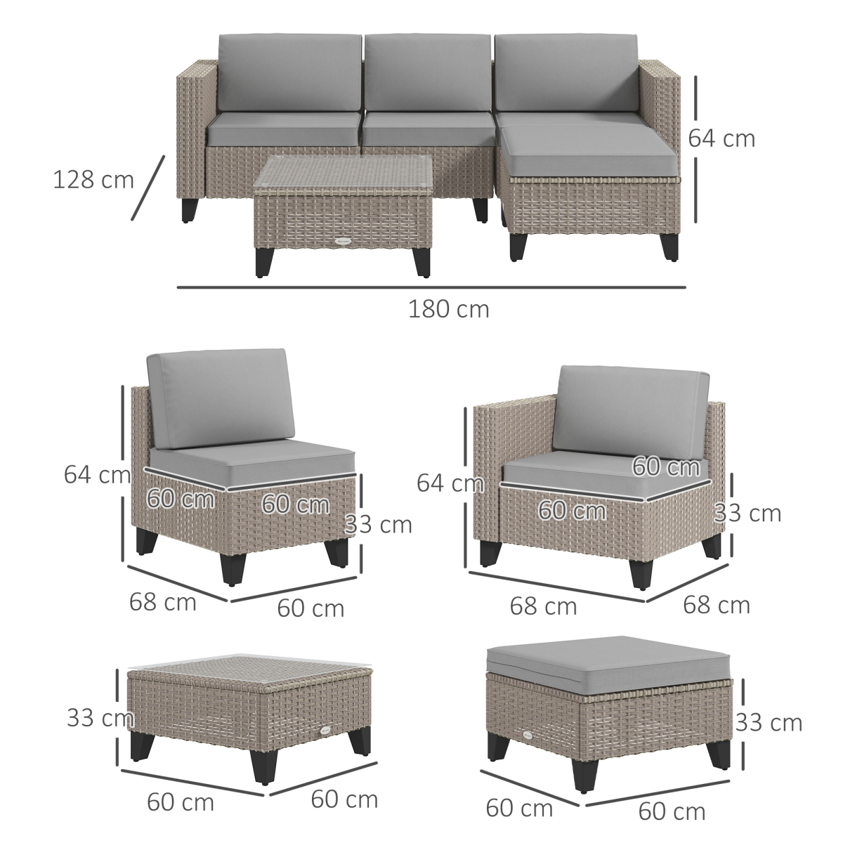 Outsunny 5-Piece Rattan Garden Furniture Set with Glass Coffee Table and Cushions – Patio Seating, Brown/Grey