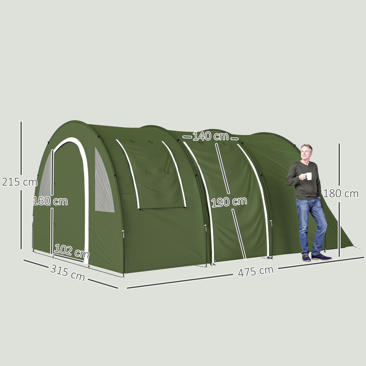 5-6 Person Two Room Camping Tent with 2000mm Waterproof Rating & Carry Bag – Family Tent, Green