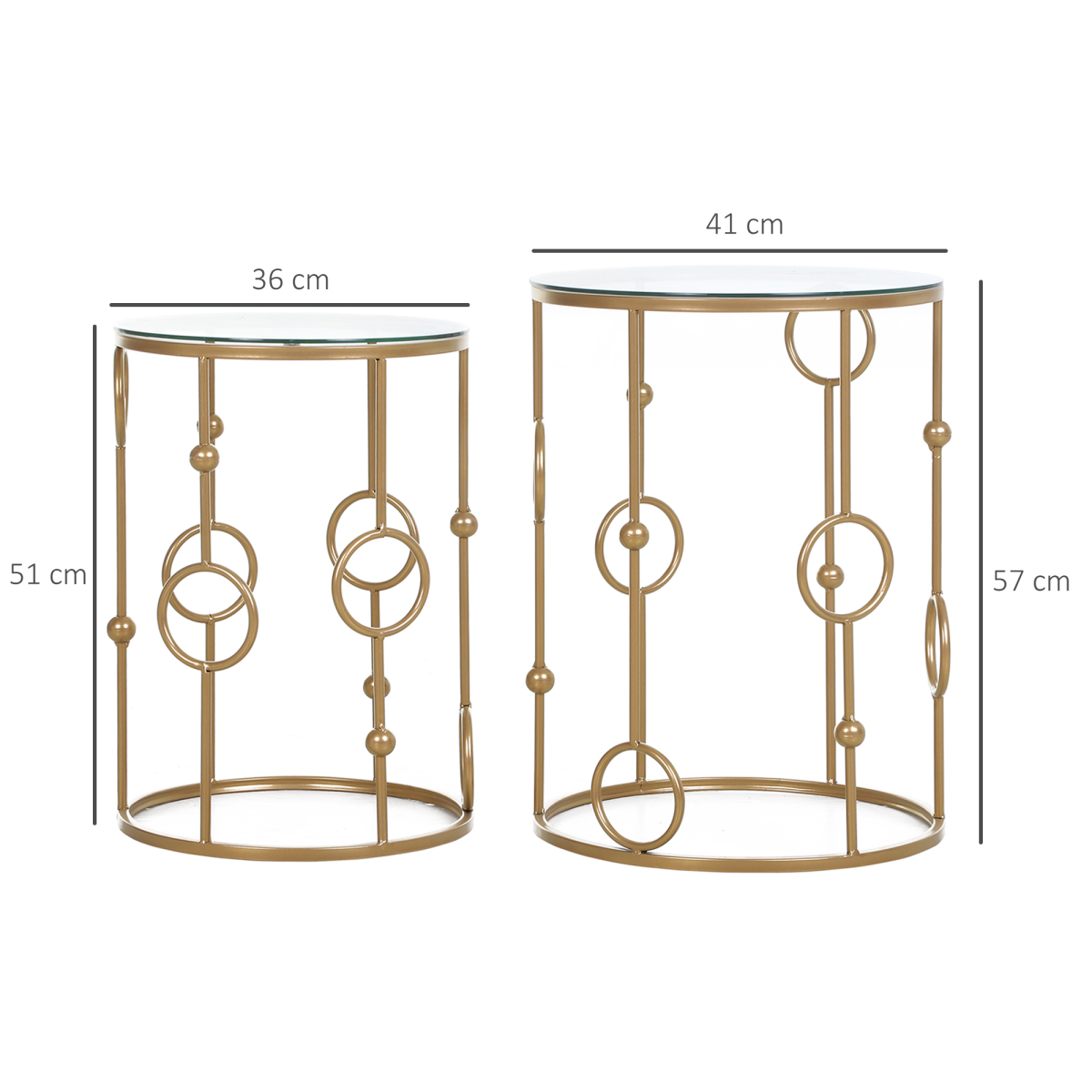HOMCOM Set of 2 Gold Nesting Side Tables with Tempered Glass Tops – Space-Saving Coffee Tables